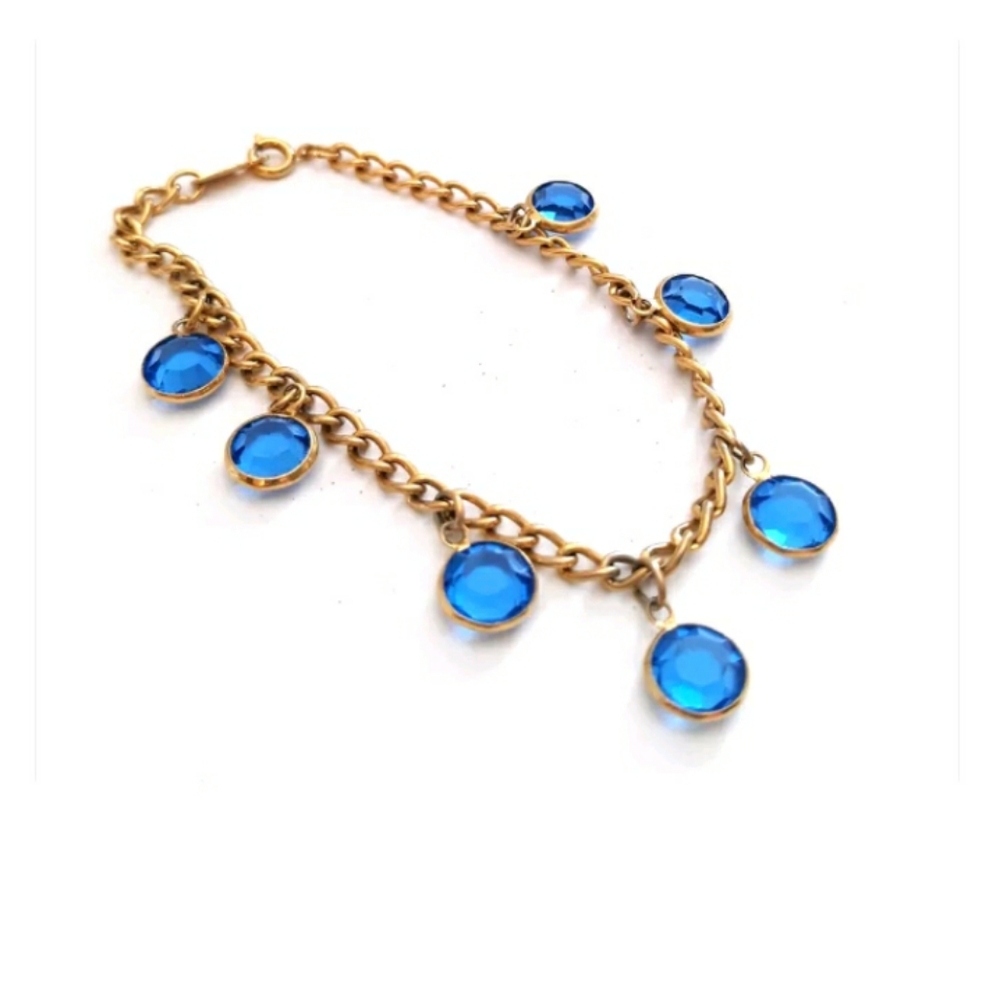 Vintage Swarovski Blue Crystal Dangle Charm Bracelet Bezel Set Gold Tone Swan